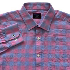 Untuckit Shirt Mens Large  Pink Blue Plaid Linen Blend Button Down Preppy Casual